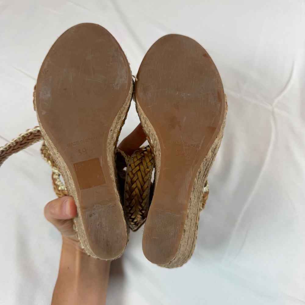Tory Burch Lilah Braided Strap Platform Wedge Espadrille Gold Leather Sz 39.5 - Picture 7 of 7